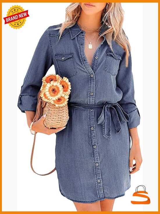 Dresses & Skirts - Women's Casual Button Down Jean Shirt Dress Long Sleeve Tie Waist Lightweight